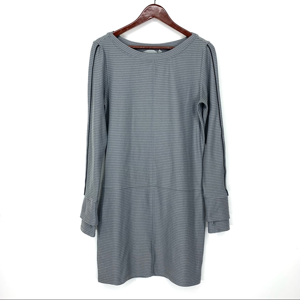 Athleta Two Tone Gray Striped Long Sleeve Thermal Dress With Thumbholes